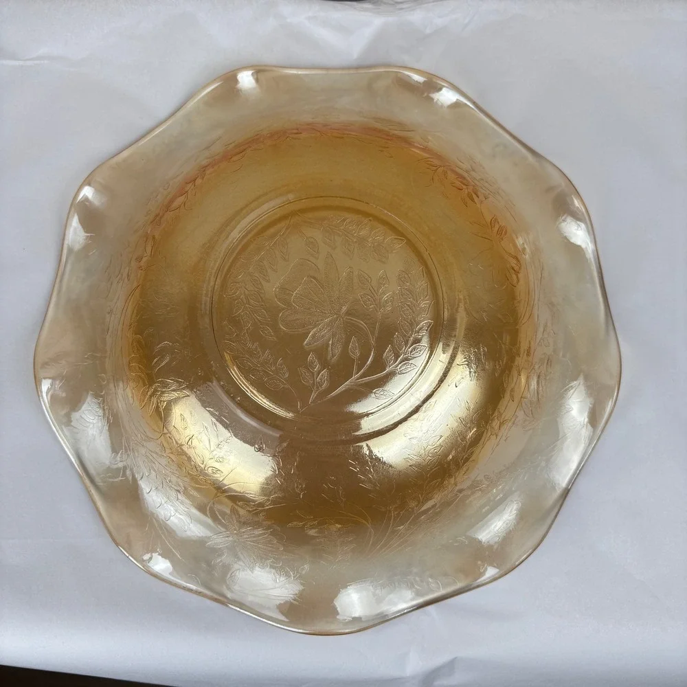 Vintage Amber Carnival Glass‎ Bowl — Raised Floral Pressed Pattern Scrolled Edge